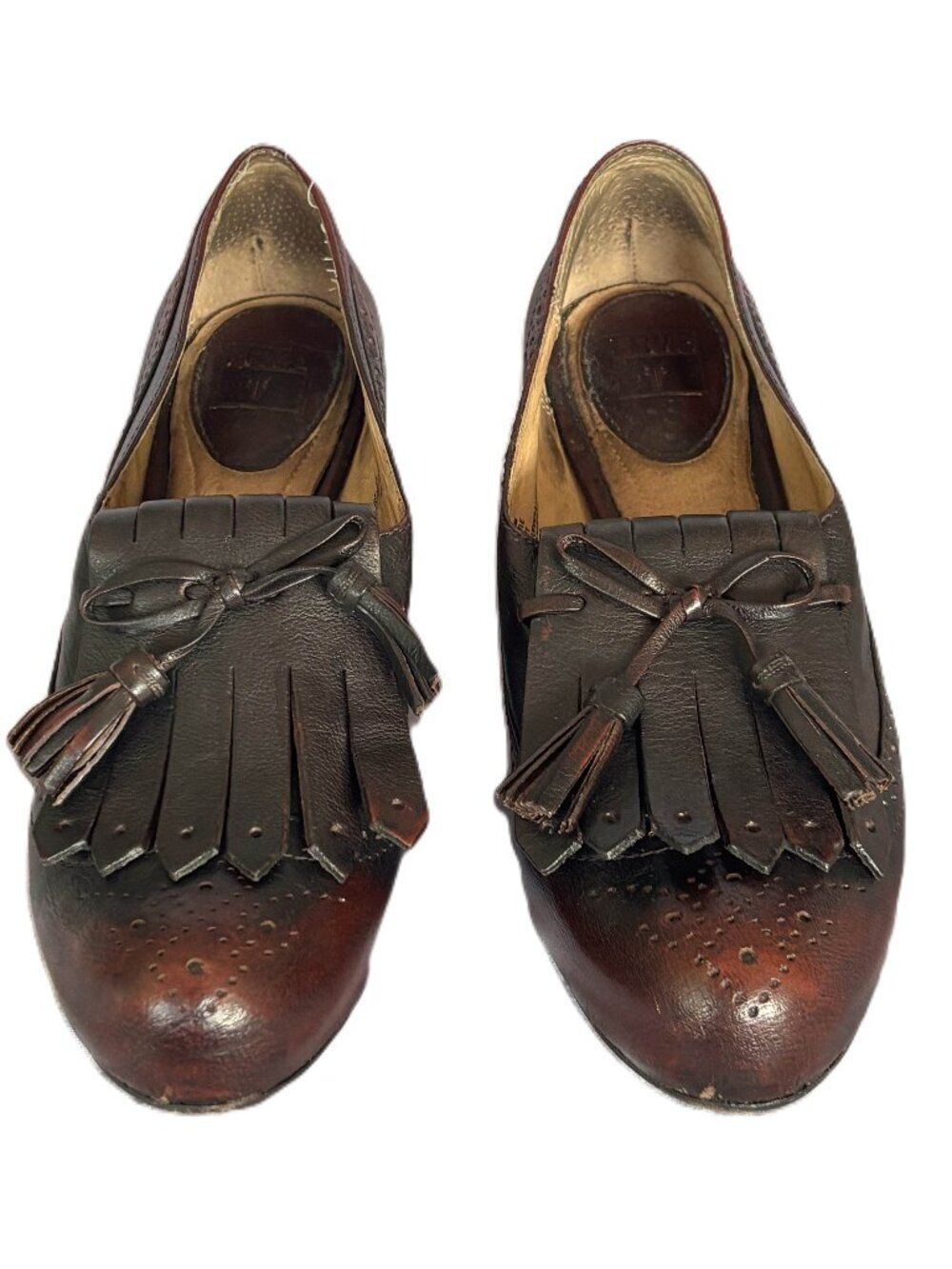 Frye Lois Kiltie Oxford Heels | Size 7M | Leather | Tassel Fringe | Stacked Heel